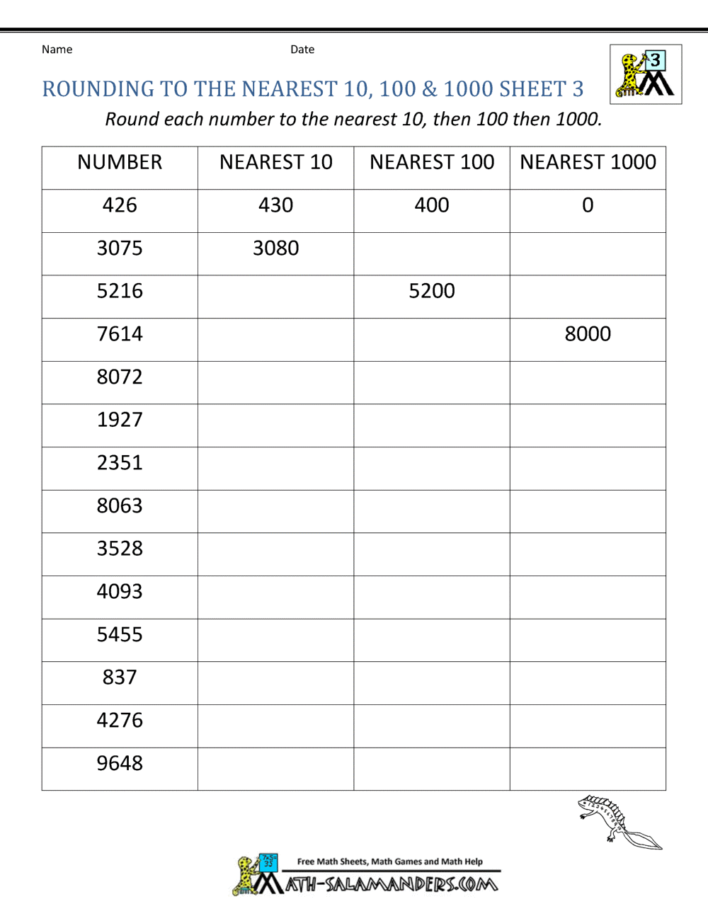 Rounding To The Nearest 1000 Worksheets