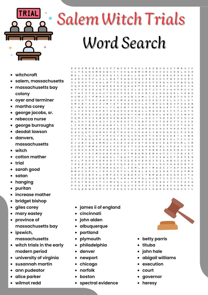 Salem Witch Trials Word Search Puzzle Worksheet Activities For Kids Made By Teachers