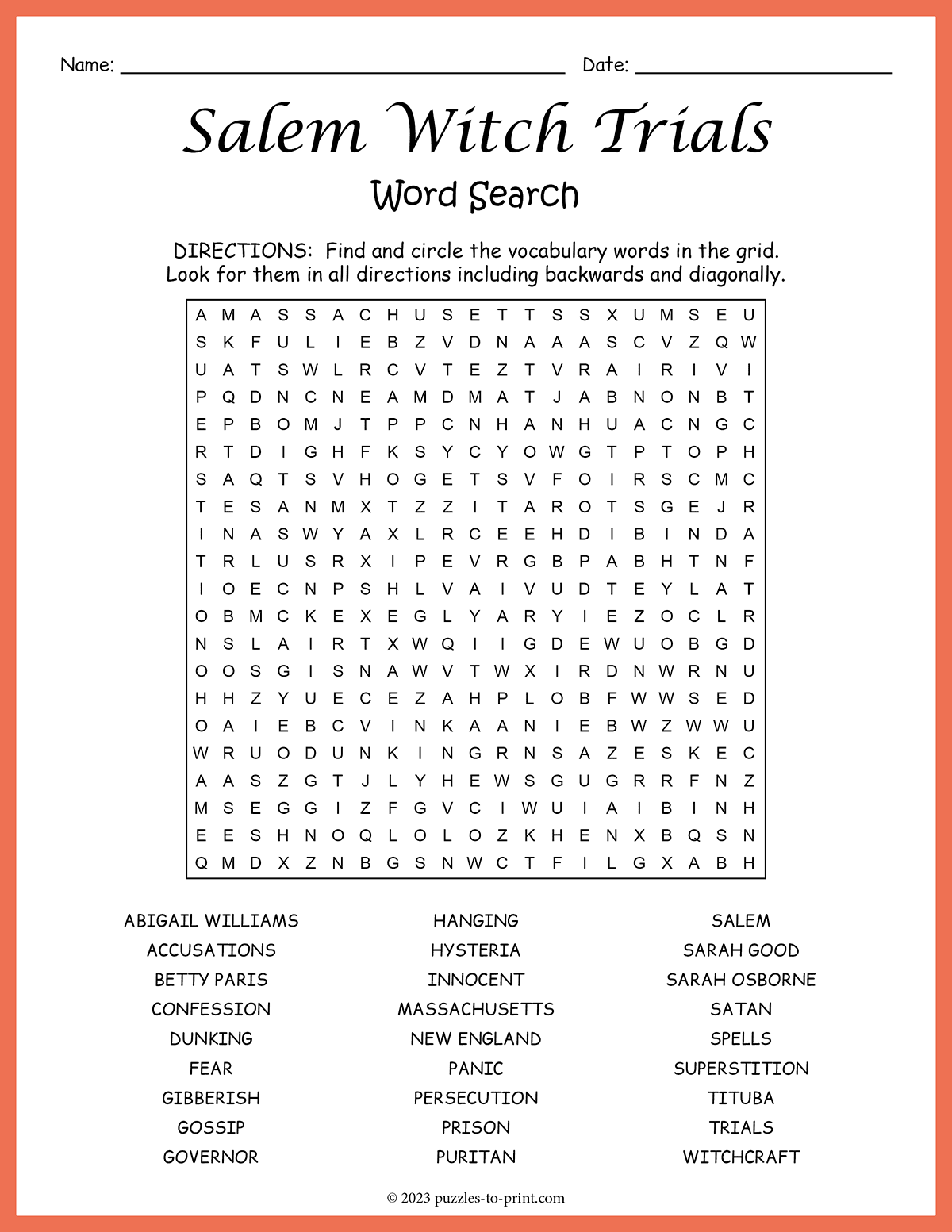 Salem Witch Trials Word Search Salem Witch Trials Facts Worksheets For Kids Includes Lesson Worksheets Library