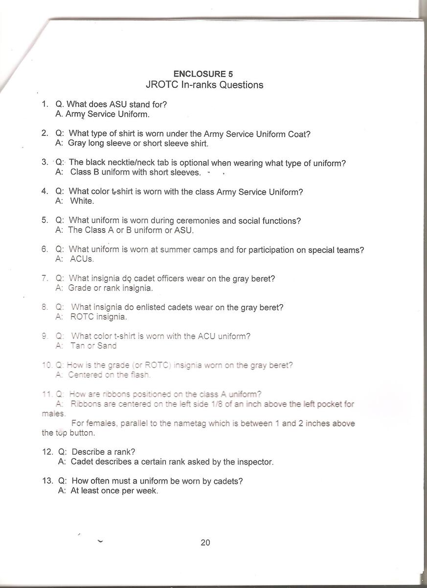 Sam Houston JROTC licensed For Non commercial Use Only 20 Questions For Cadets
