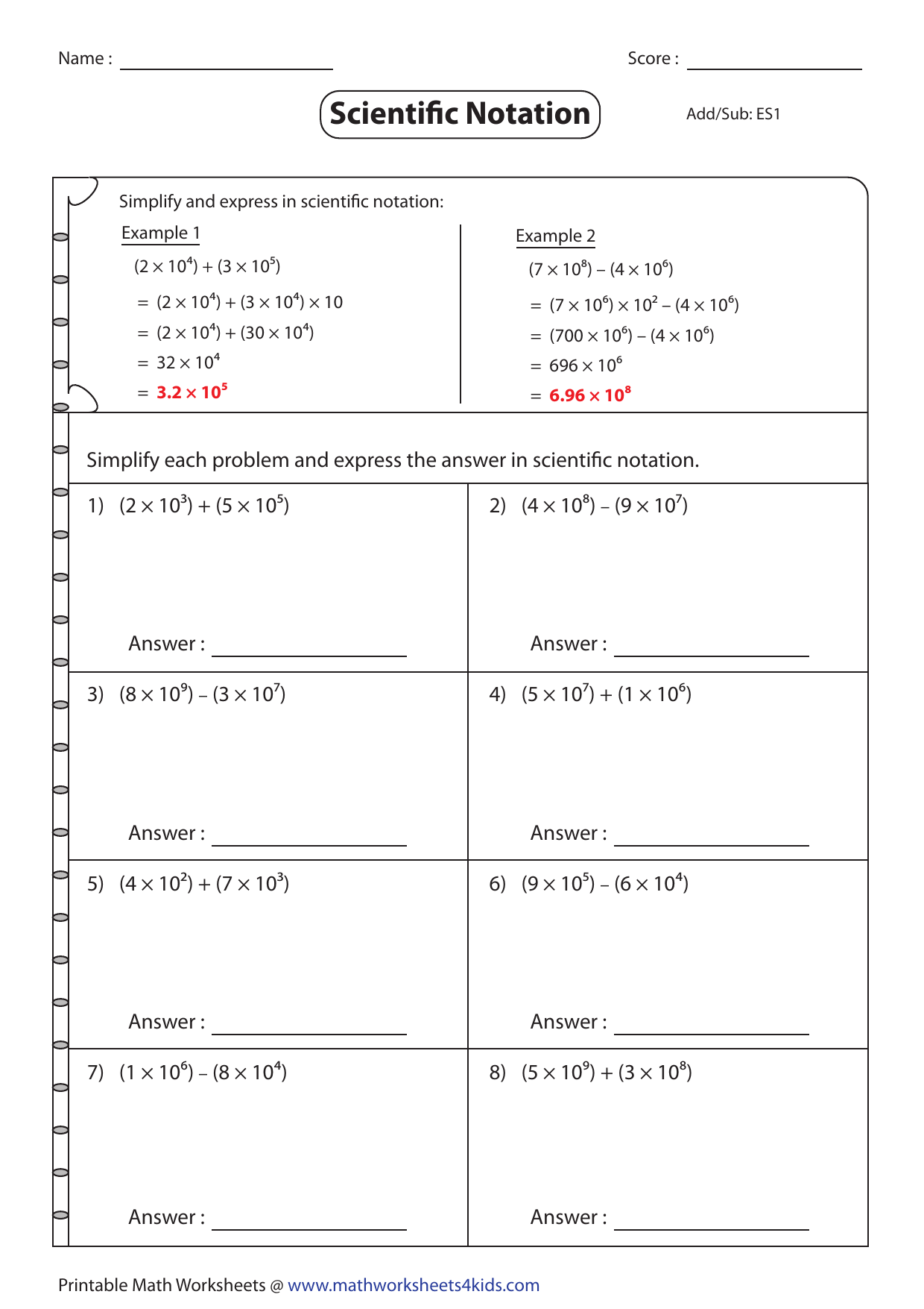Scientific Notation Add Subtract Worksheet