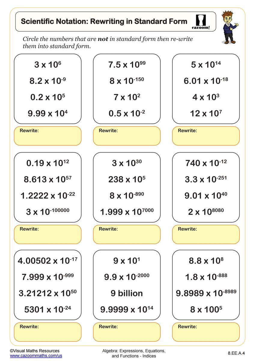 Scientific Notation Rewriting In Standard Form Worksheet PDF Printable Algebra Worksheet Cazoom Math Indices Math Worksheets Printable Index Notation Worksheets Cazoom Math