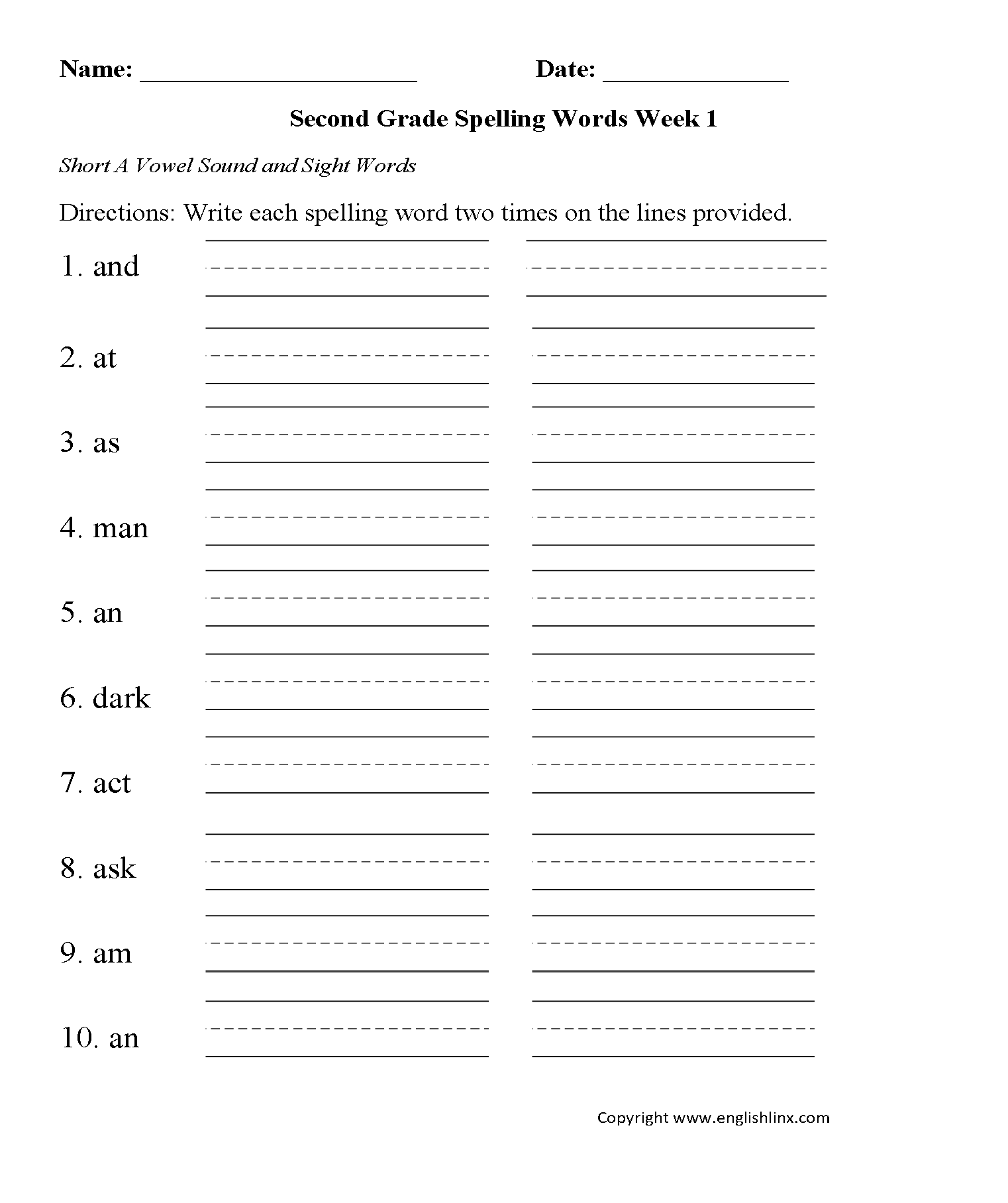 8 Printable Second Grade Writing Spelling Worksheets Spelling Test Etsy