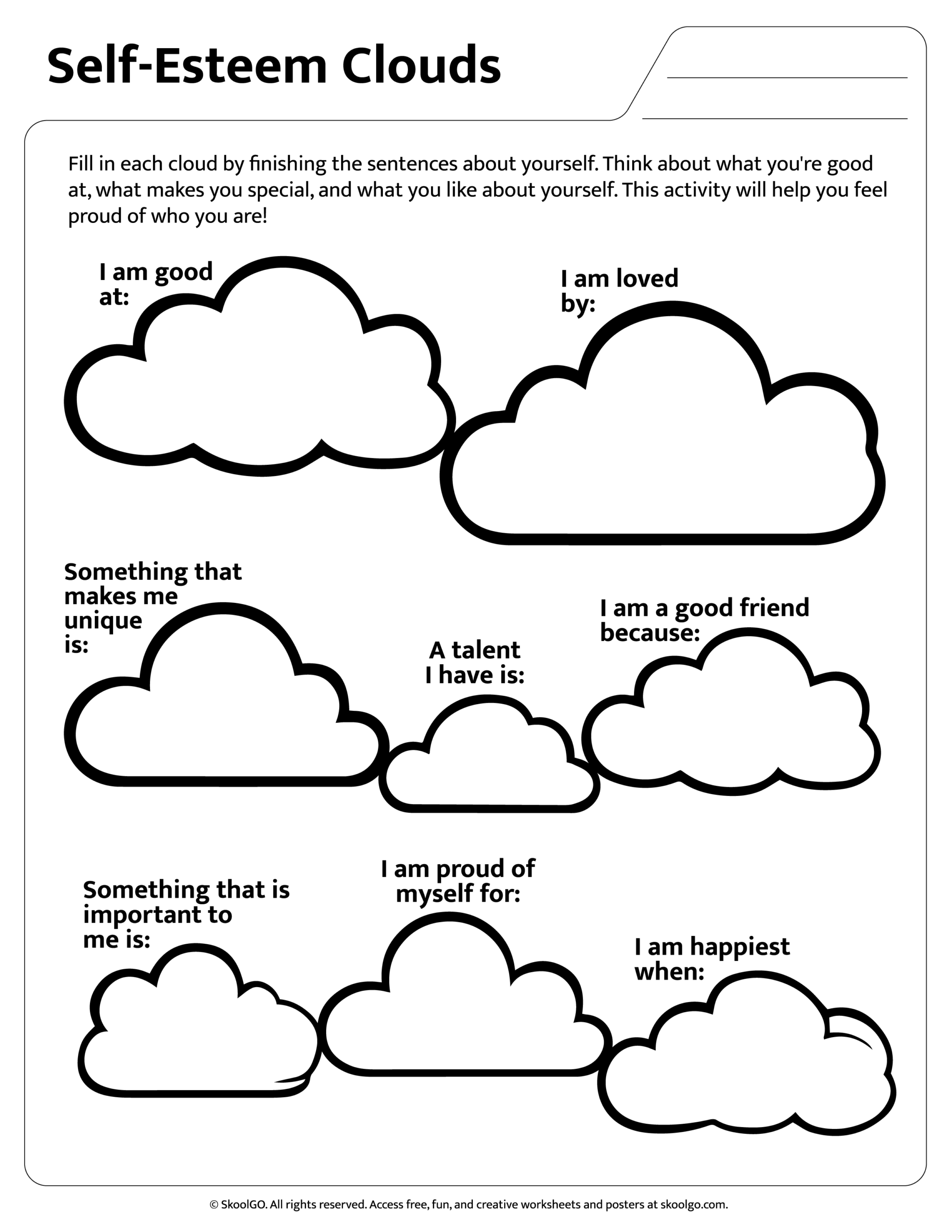 Self Esteem Clouds Free Printable For Grades 1 3 SKOOLGO Positive Self Talk Worksheet For Kids Your Therapy Source