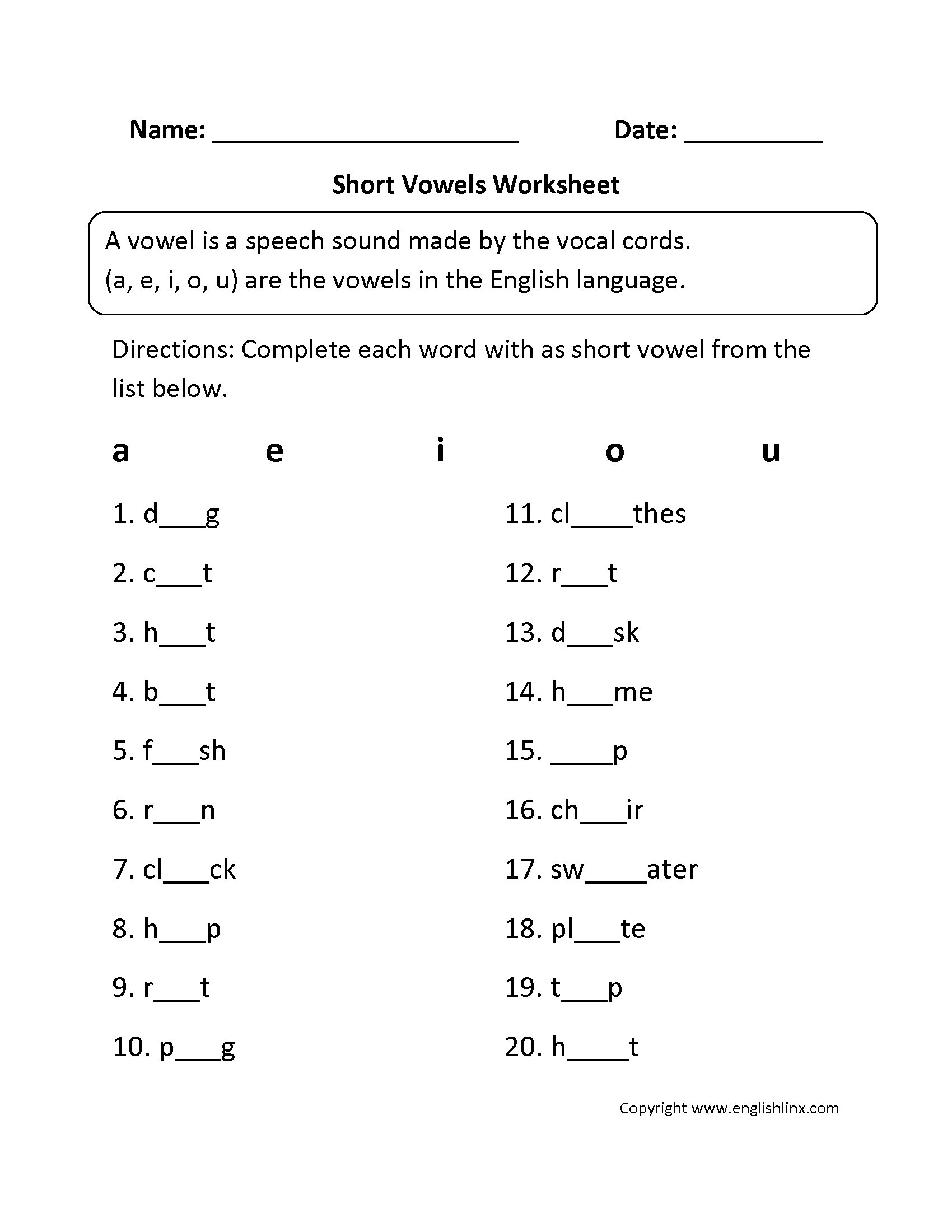 Short Vowels Worksheets Free Printable Phonics Worksheets