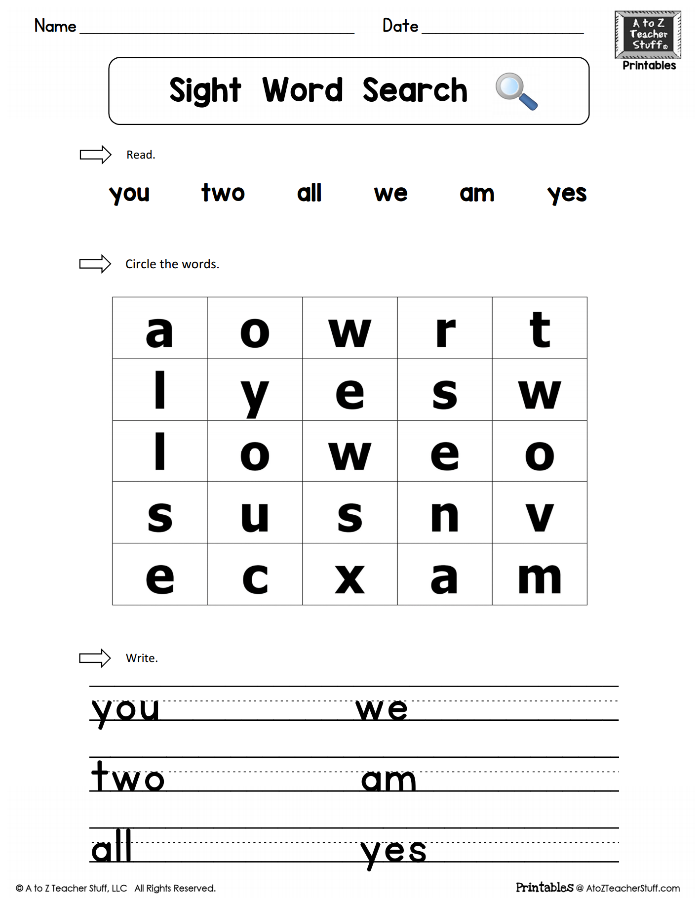 Sight Words Practice Word Search You Two We All Am Yes A To Z Teacher Stuff Sight Words Practice Word Search You Two We All Am Yes A To Z Teacher Stuff