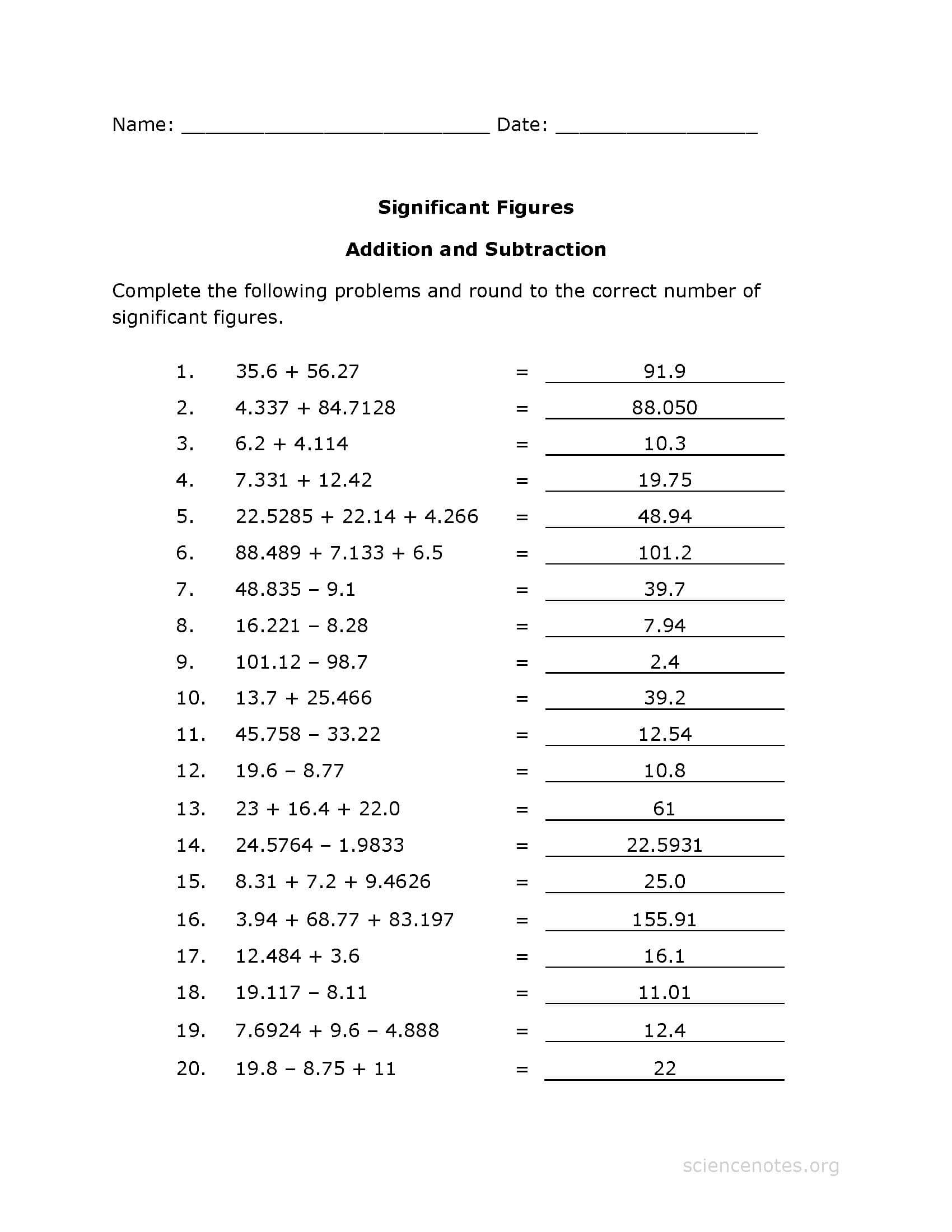 Significant Figures Worksheet