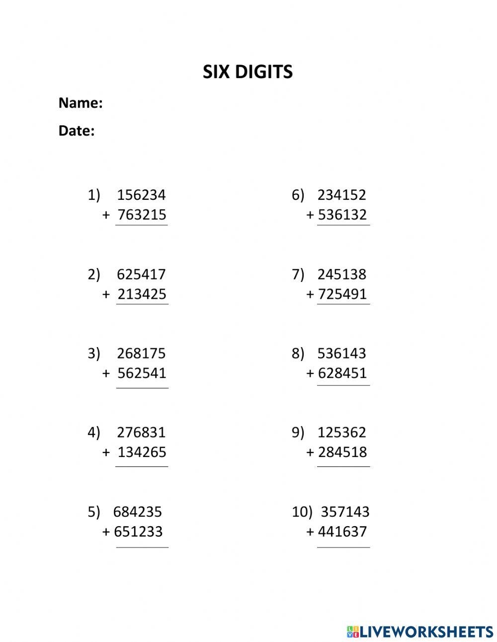 SIX DIGITS Addition Worksheet Worksheets Library