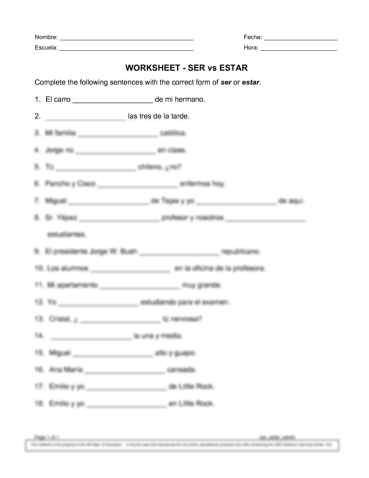 SOLUTION Ser Estar Worksheet Studypool Worksheets Library