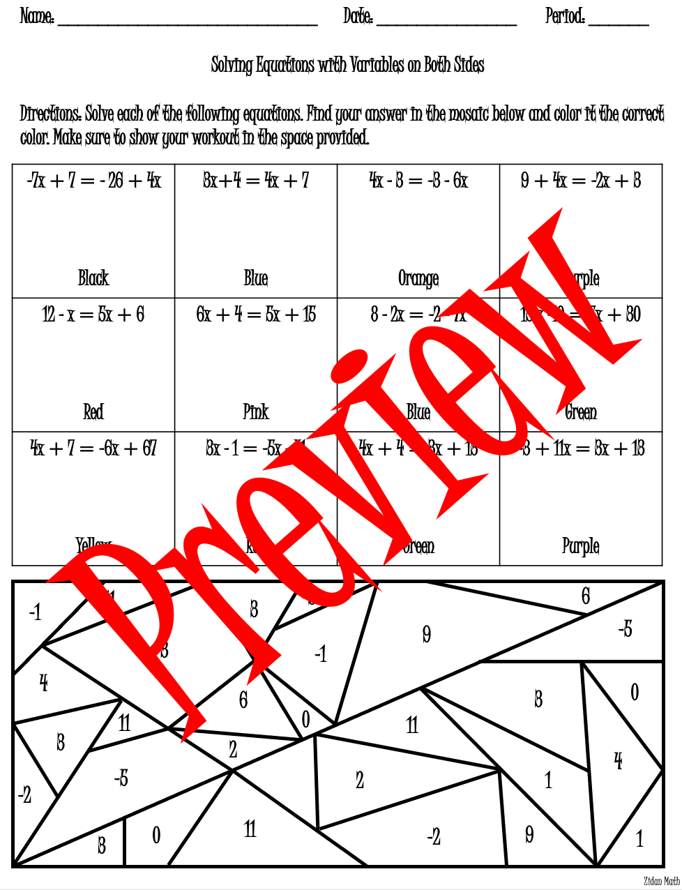 Solving Equations With Variables On Both Sides Coloring Activity TEK 8 8C Made By Teachers