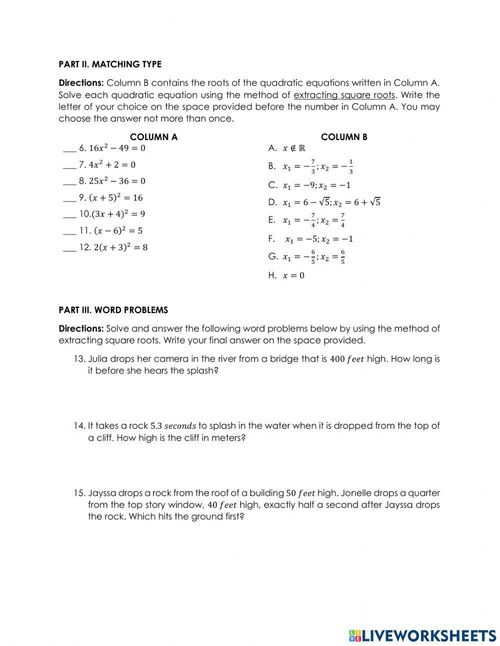 Solving Quadratic Equations Using Extracting Square Roots Worksheets Library 8ns2 Worksheets