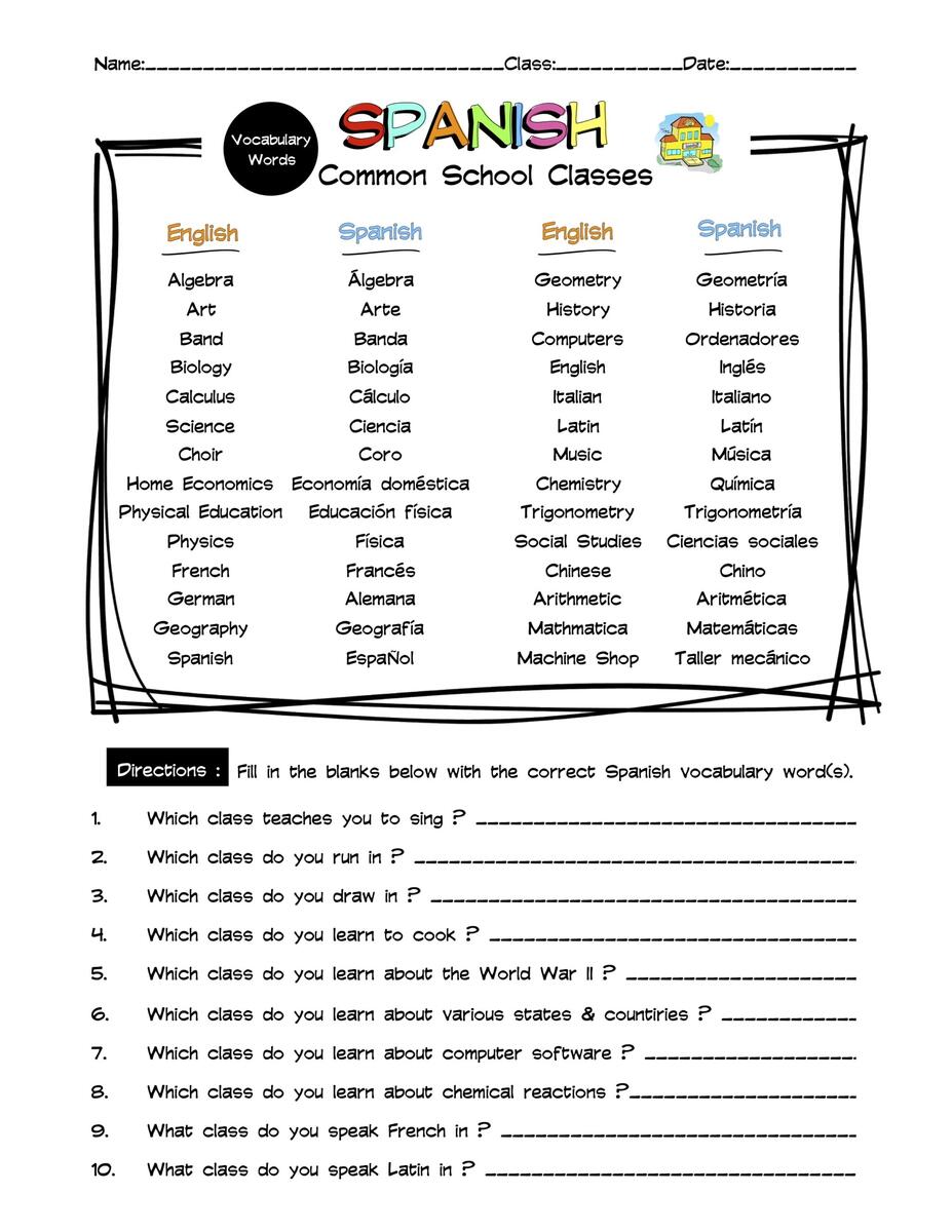 Spanish Common School Classes Vocabulary Word List Worksheet Worksheets Library Spanish Common School Classes Vocabulary Word List Worksheet Worksheets Library