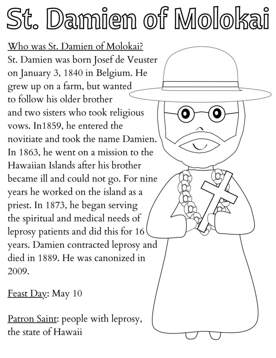 St Damien Of Molokai Coloring Page Printable Saint Coloring Catholic Kid S Activity May Catholic Saint Instant Download Etsy