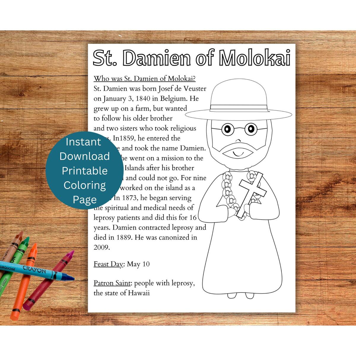 St Damien Of Molokai Coloring Page Printable Saint Coloring Catholic Kid S Activity May Catholic Saint Instant Download Etsy