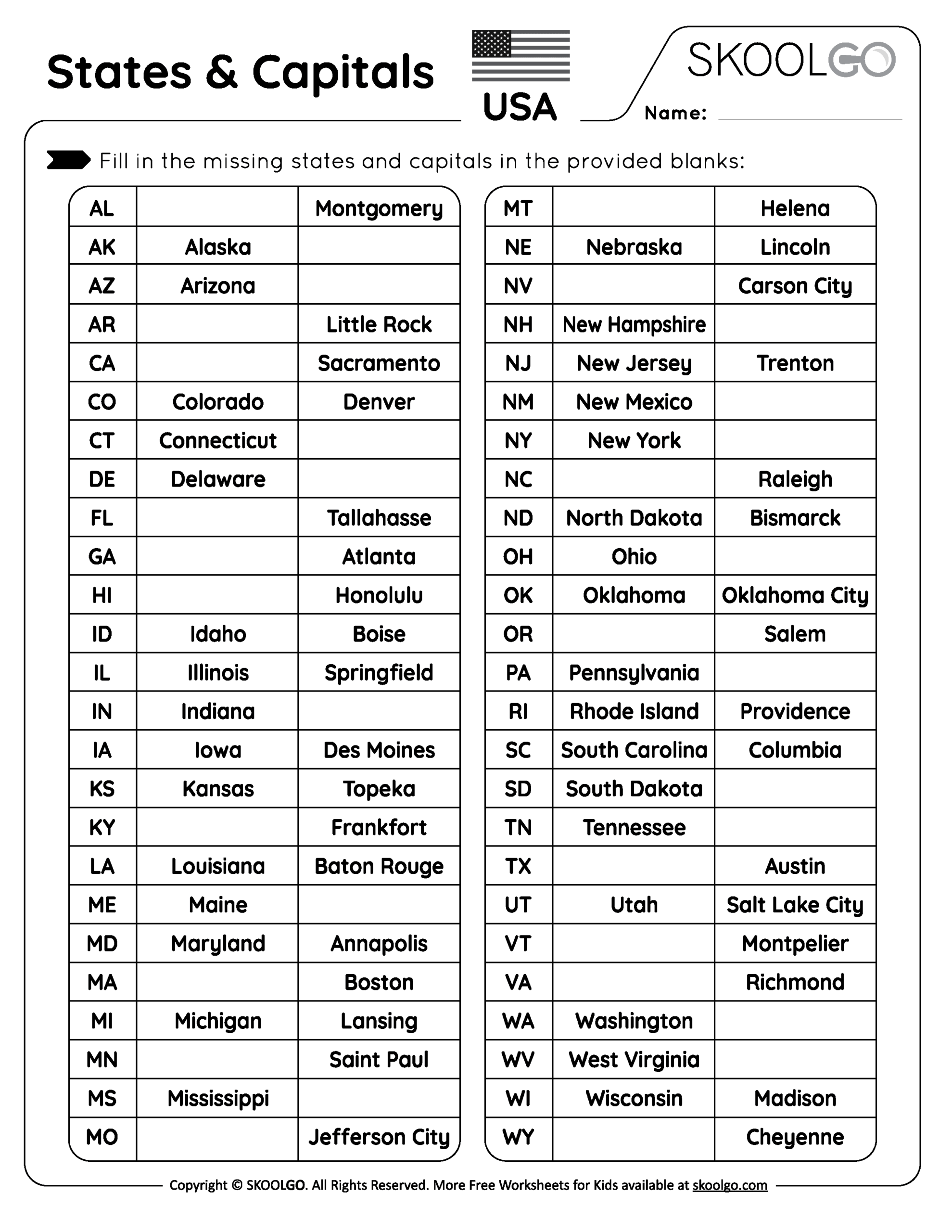 50 States Capitals Worksheets Free Printables Superstar Worksheets