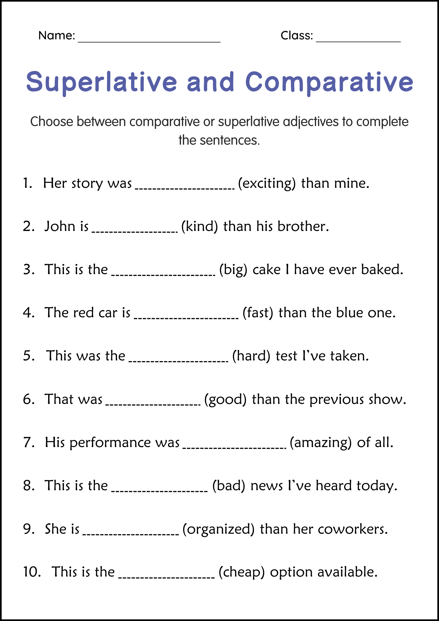 Superlative And Comparative Adjective Grammar Worksheets For Grade 2 3 4 Made By Teachers