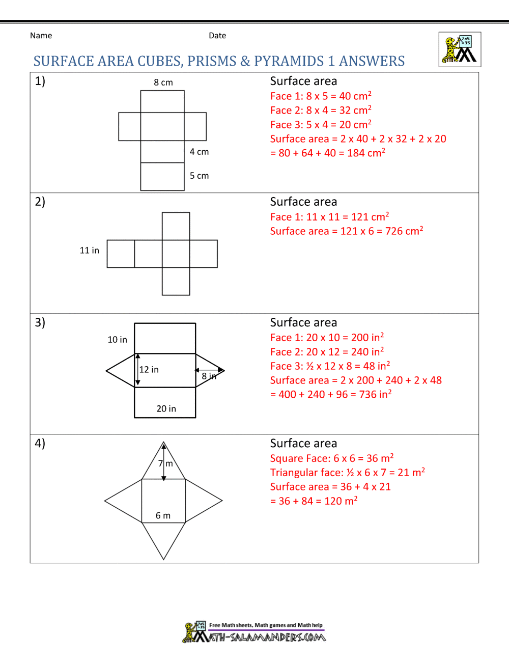Surface Area Worksheet 6th Grade