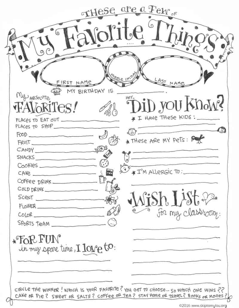 Teacher Favorite Things Questionnaire Printable Skip To My Lou Free My Favorite Things Worksheet