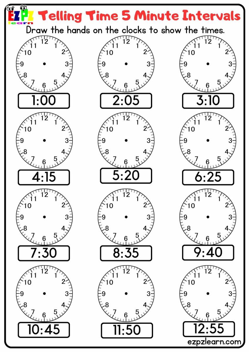Telling Time 5 Minute Intervals Draw The Hands On The Clocks Free PDF Download Ezpzlearn