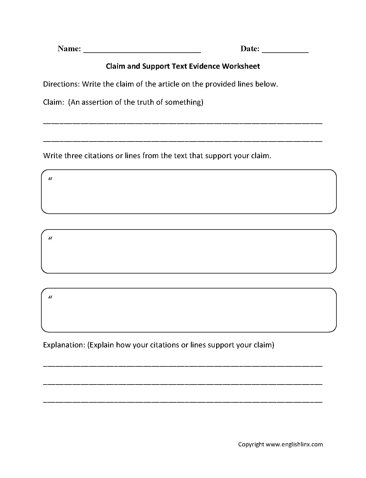 Text Evidence Worksheets Claim And Support Text Evidence Worksheets