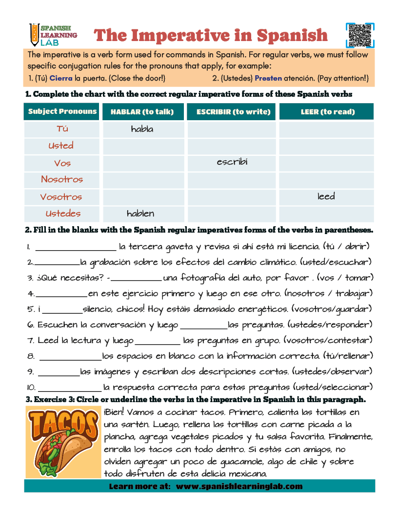 The Imperative In Spanish PDF Worksheet Spanish Learning Lab Free Spanish Commands Worksheet Download Free Spanish Commands Worksheet Png Images Free Worksheets On Clipart Library