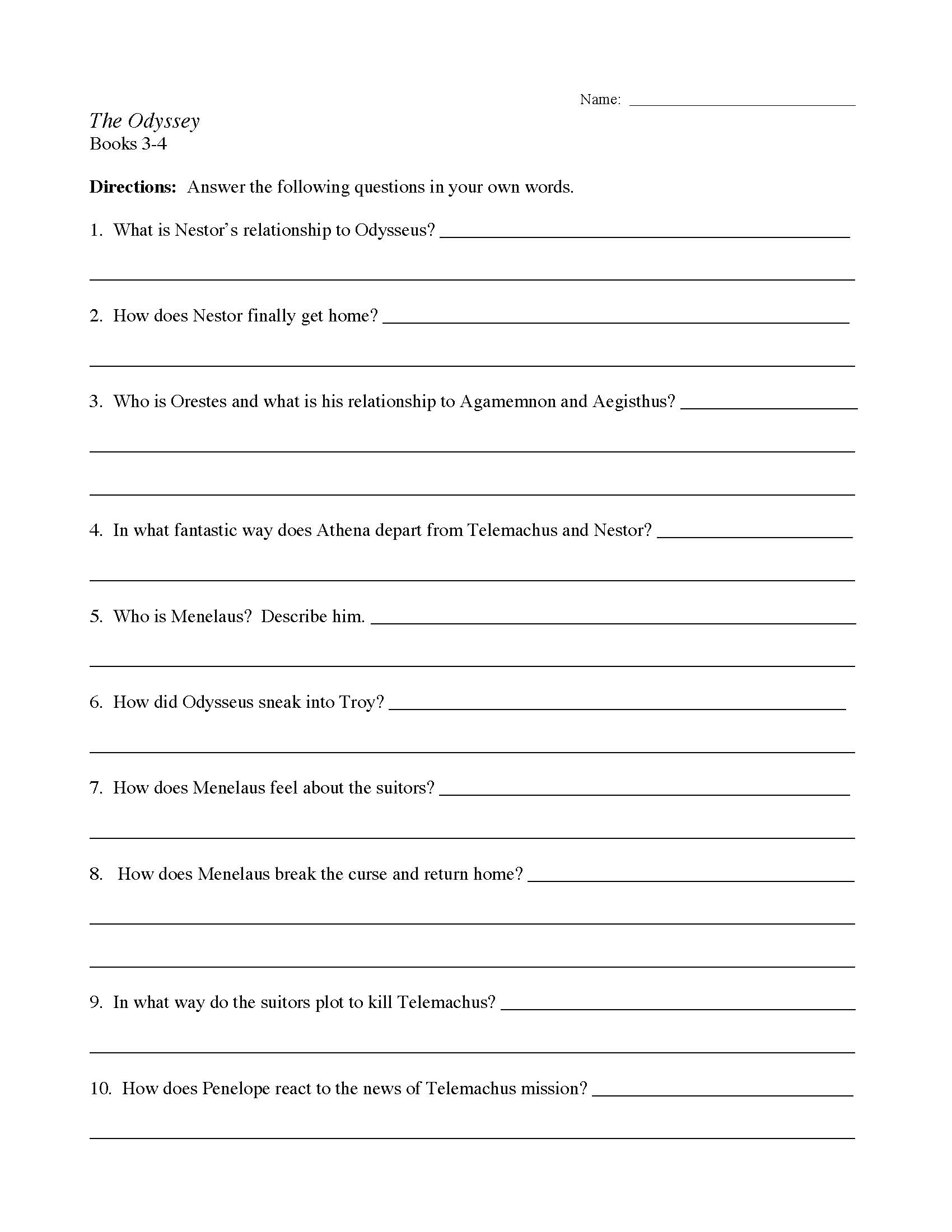 The Odyssey Chapters 3 4 Worksheet Preview The Odyssey Chapters 3 4 Worksheet Preview