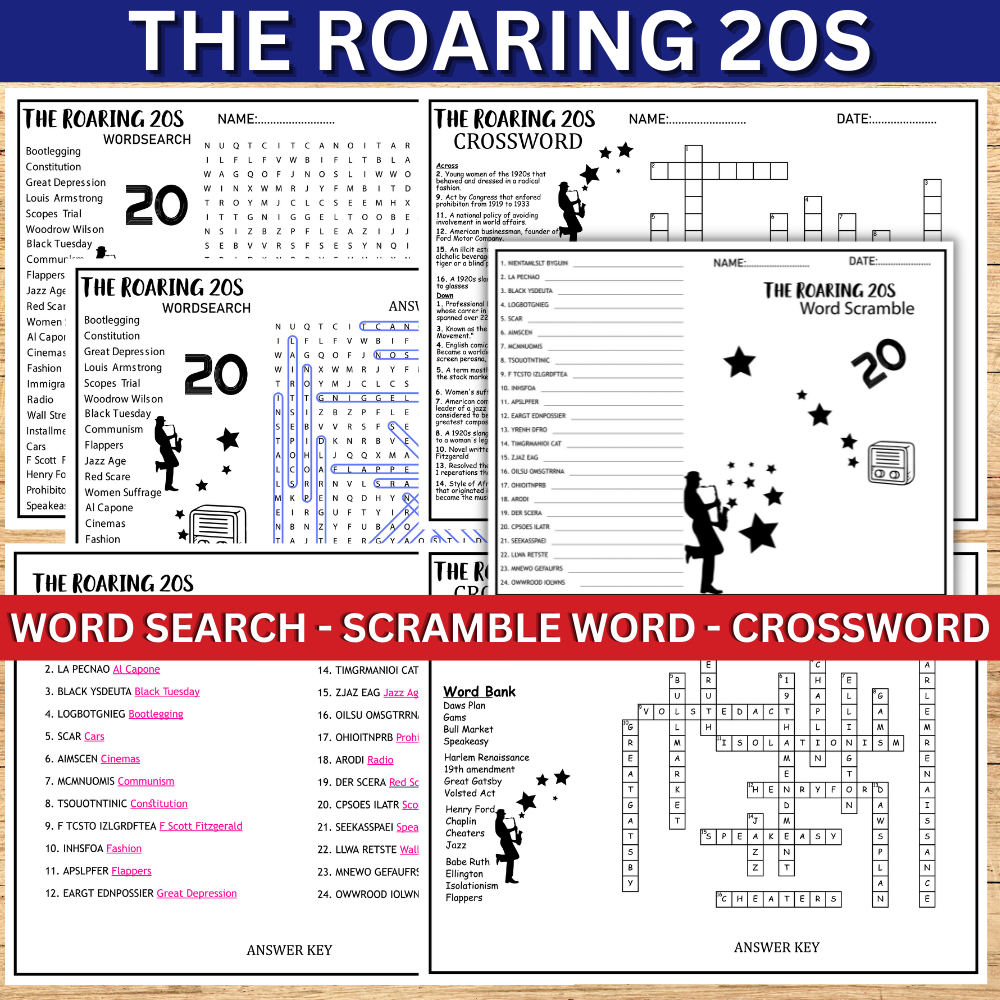 The Roaring 20s TWENTIES Worksheet Activity Word Search Scramble Word Made By Teachers