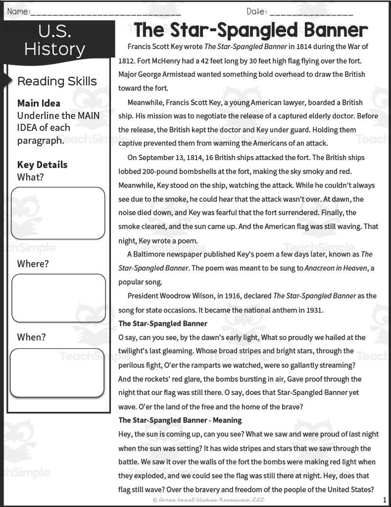 The Star Spangled Banner Reading Packet By Teach Simple The Star Spangled Banner Reading Packet By Teach Simple