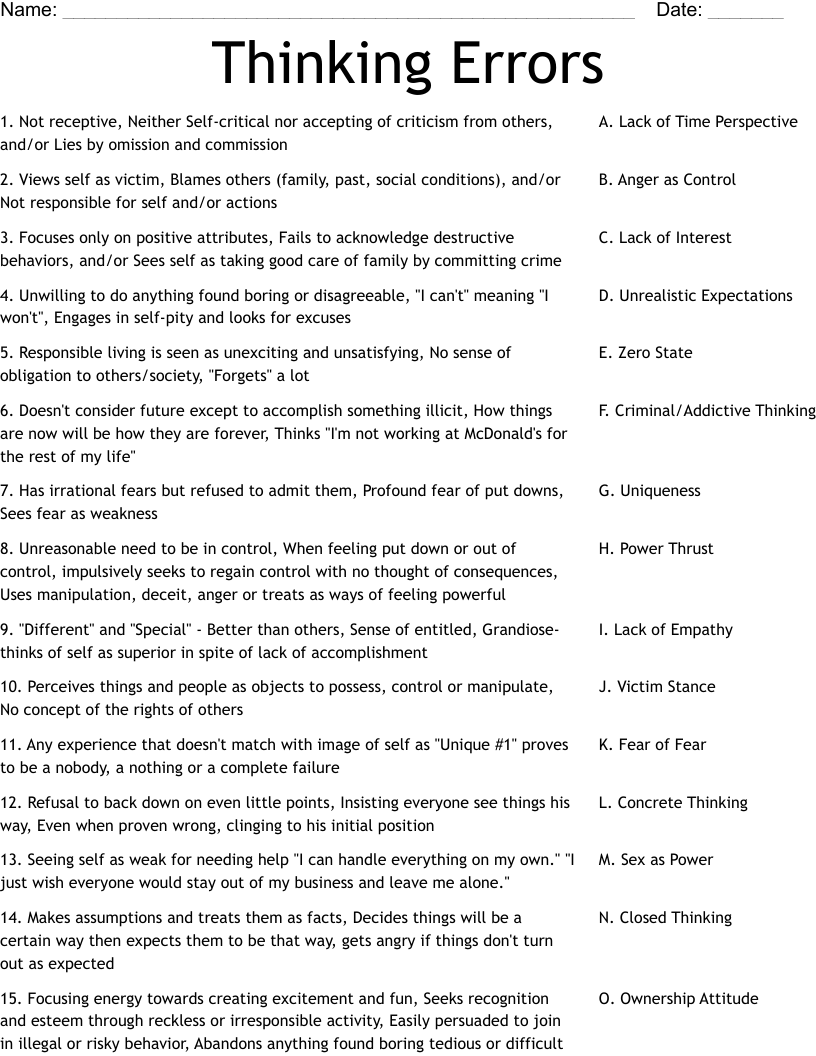 Criminal And Addictive Thinking Word Search WordMint