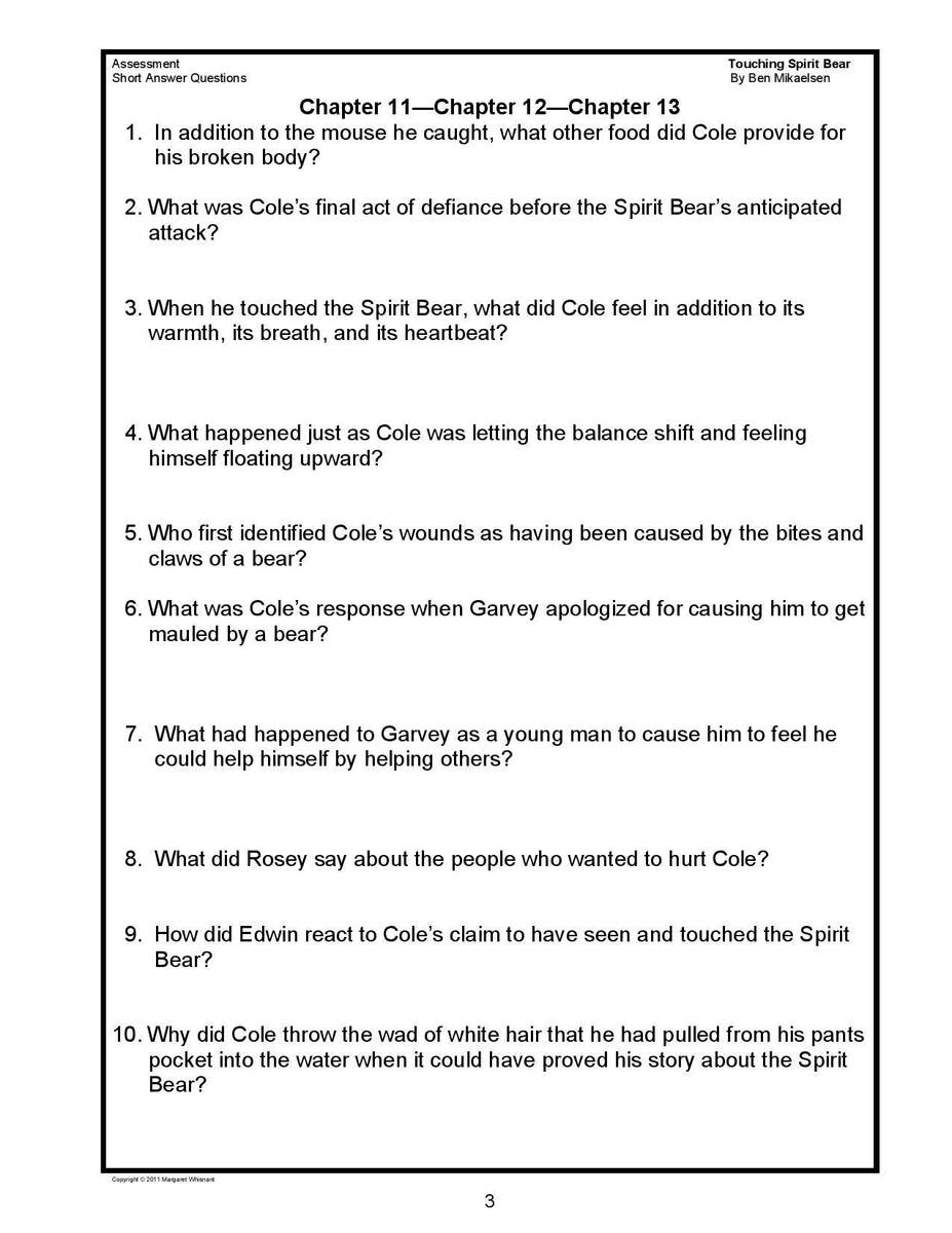 Touching Spirit Bear Short Answer Questions And Prereading Activities With Answer Keys Etsy