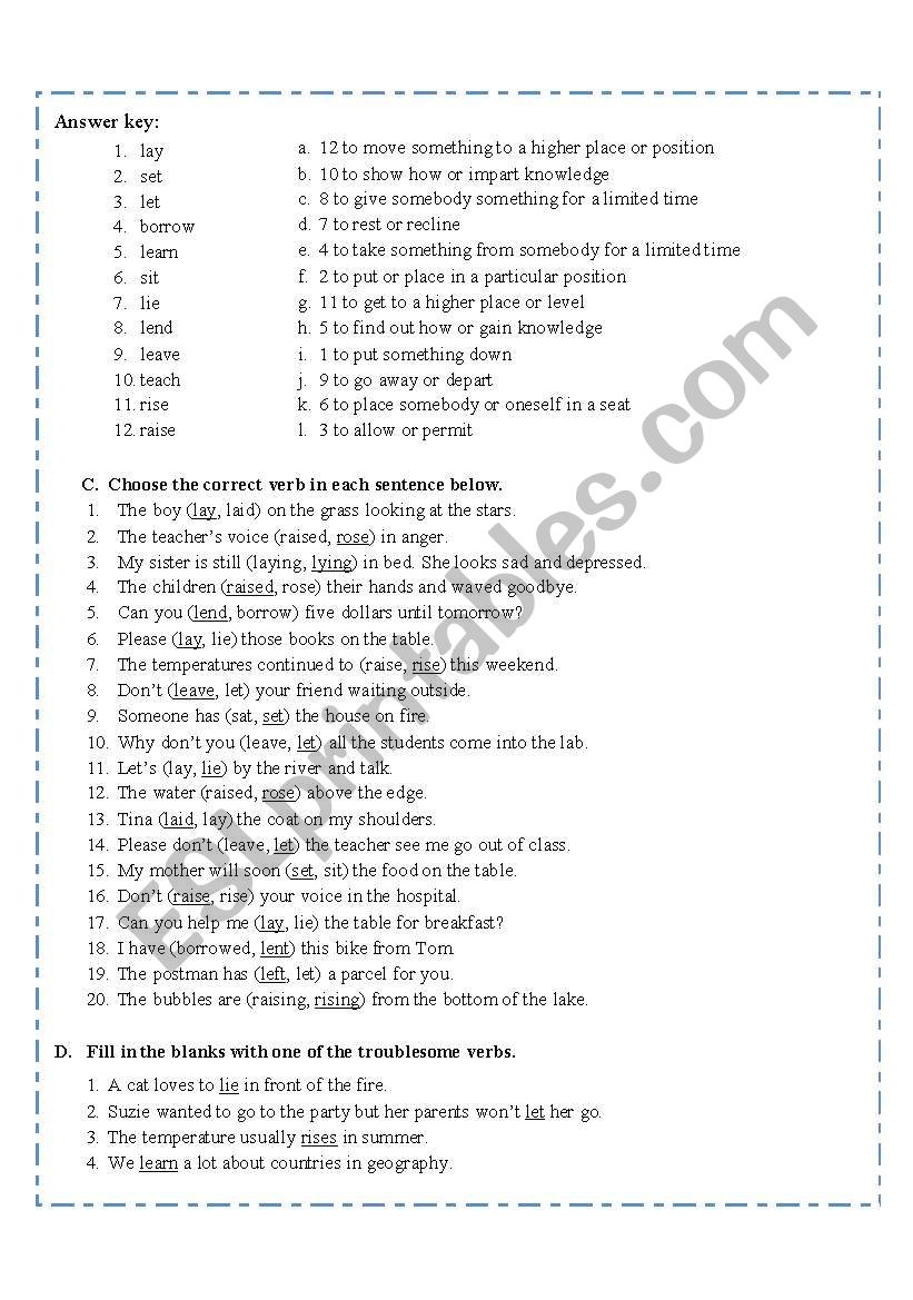 Troublesome Verbs ESL Worksheet By Missola