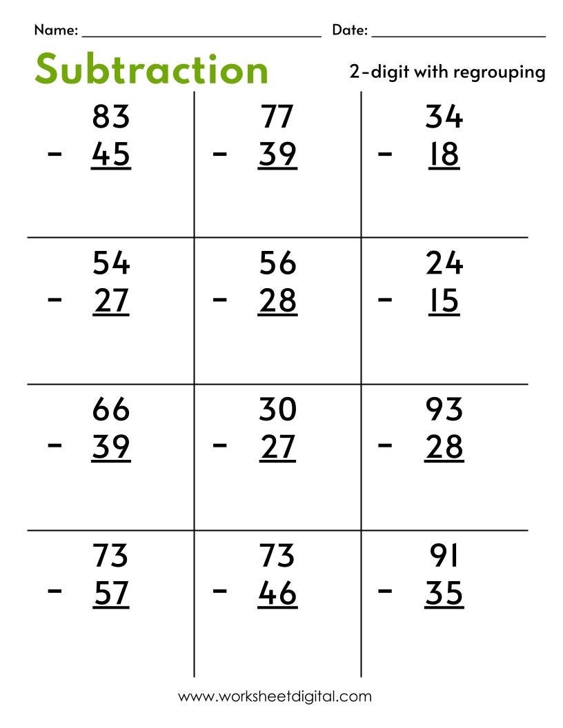 Double Digit Subtraction With Regrouping Borrowing K12 Math Worksheets