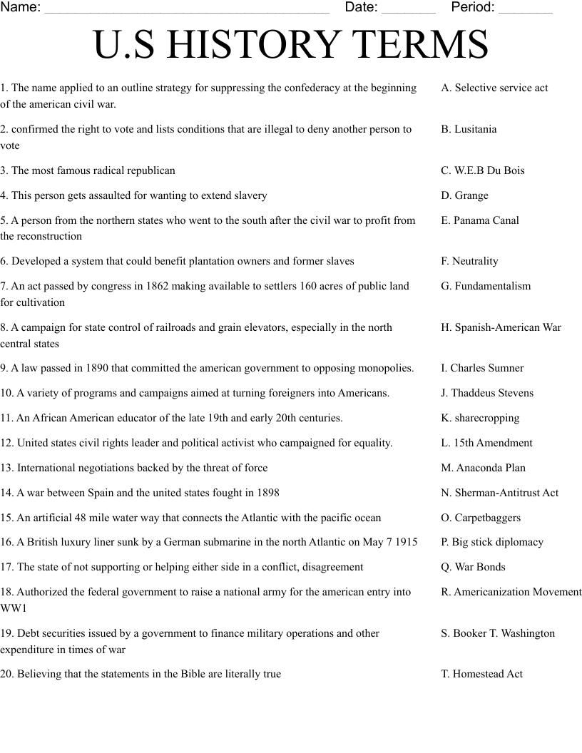 U S HISTORY TERMS Worksheet WordMint