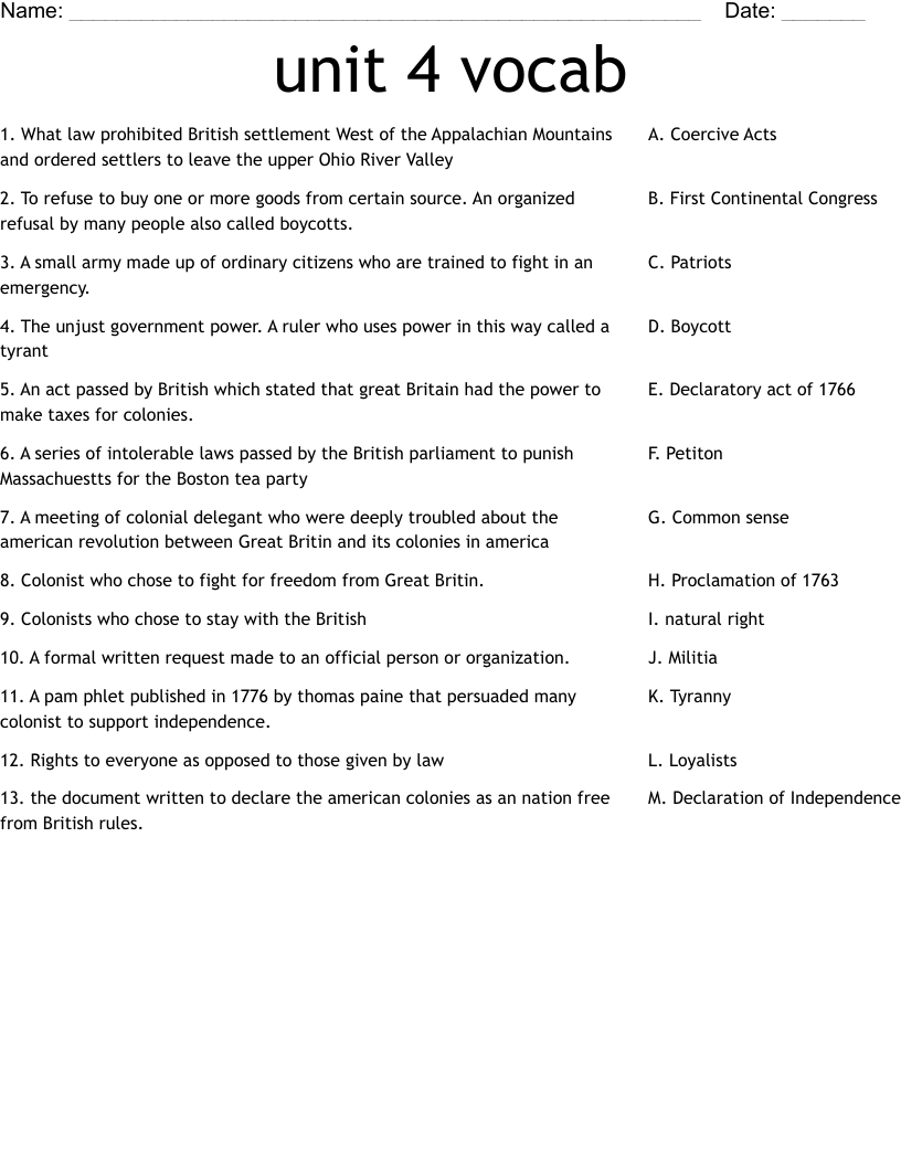 Unit 4 Vocab Worksheet WordMint