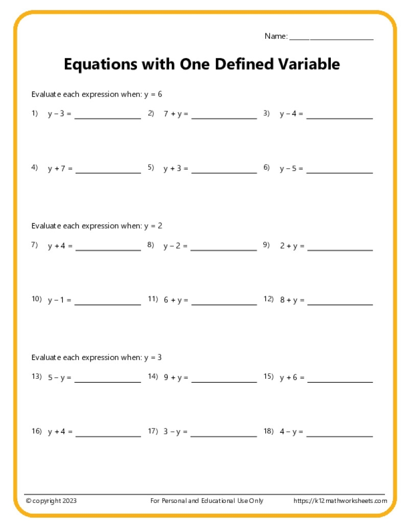 Variable Equations Worksheets