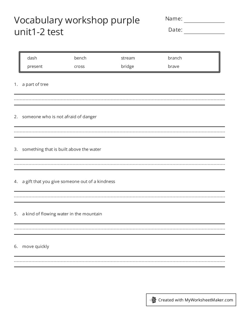 Vocabulary Workshop Purple Unit1 2 Test My Worksheet Maker Create Your Own Worksheets