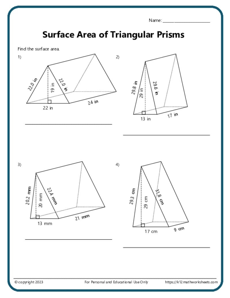 Volume And Surface Area Of Various Shapes K12 Math Worksheets