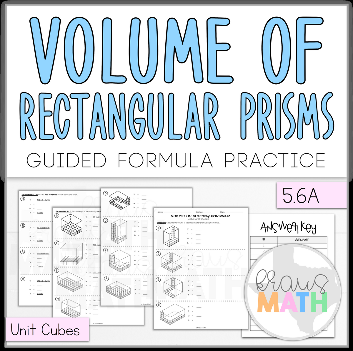 Volume Of Rectangular Prisms Using Unit Cubes Worksheet TEKS 5 6A Kraus Math