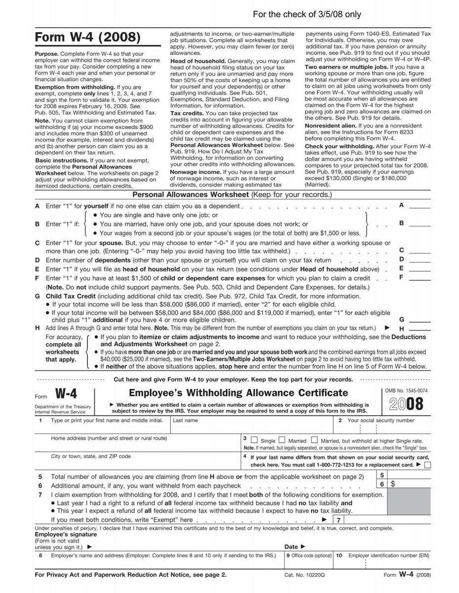 W 4 Federal Tax Withholding Allowance Certificate