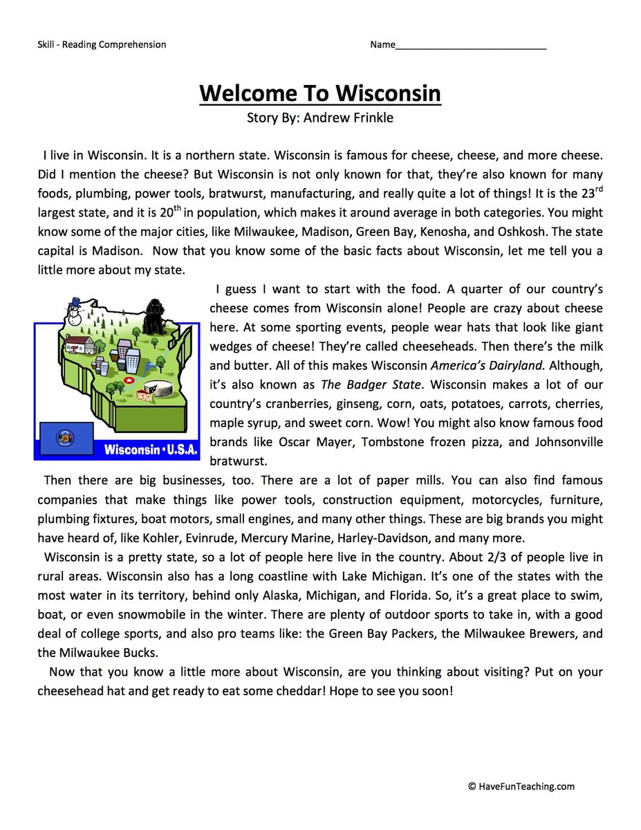 Welcome To Wisconsin Reading Comprehension Worksheet Have Fun Teaching Welcome To Wisconsin Reading Comprehension Worksheet Have Fun Teaching