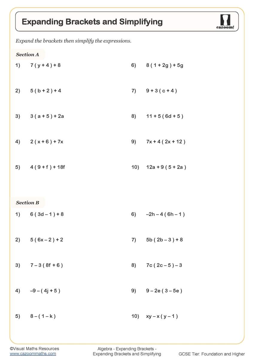 Year 9 Expanding Brackets Worksheets PDF Printable Worksheets